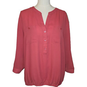 EUC XL Women's Sheer Rose V-Neck Blouse w/Elastic Waist by Soho New York & CO